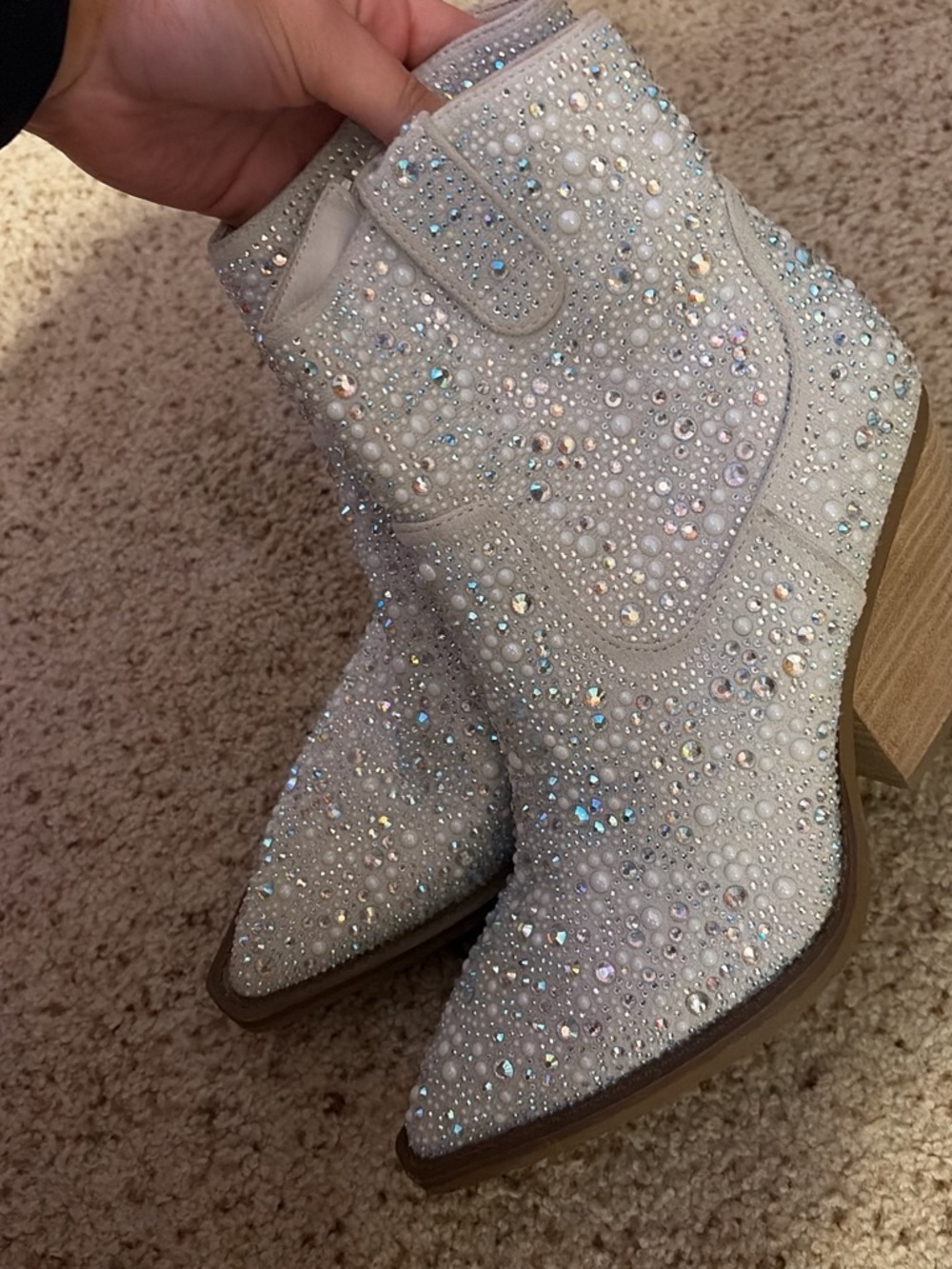 Buckle White Crystal & Pearl Embellished Western Ankle Boots worn once